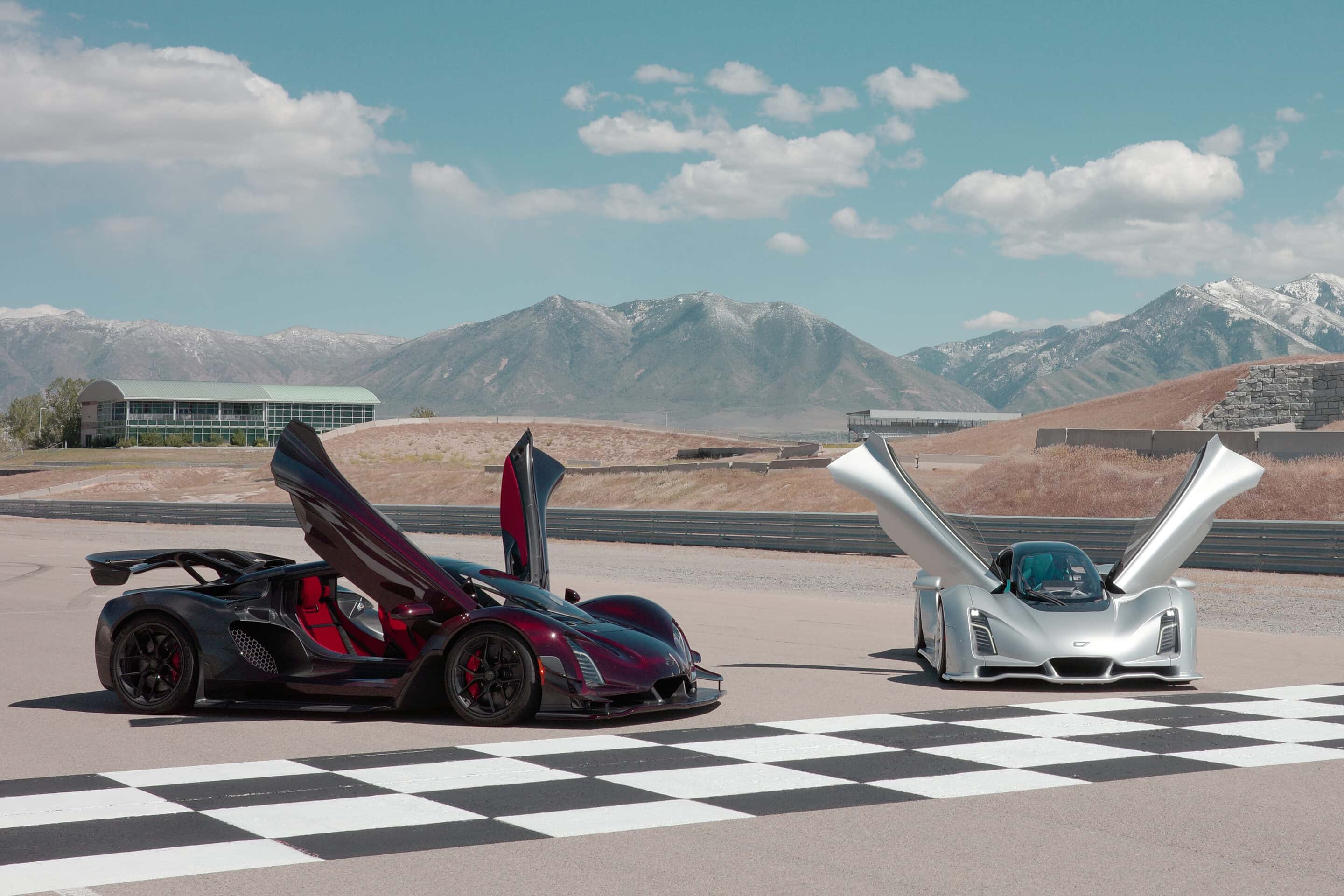 Two Czinger 21Cs with doors raised at Utah Motorsports Campus