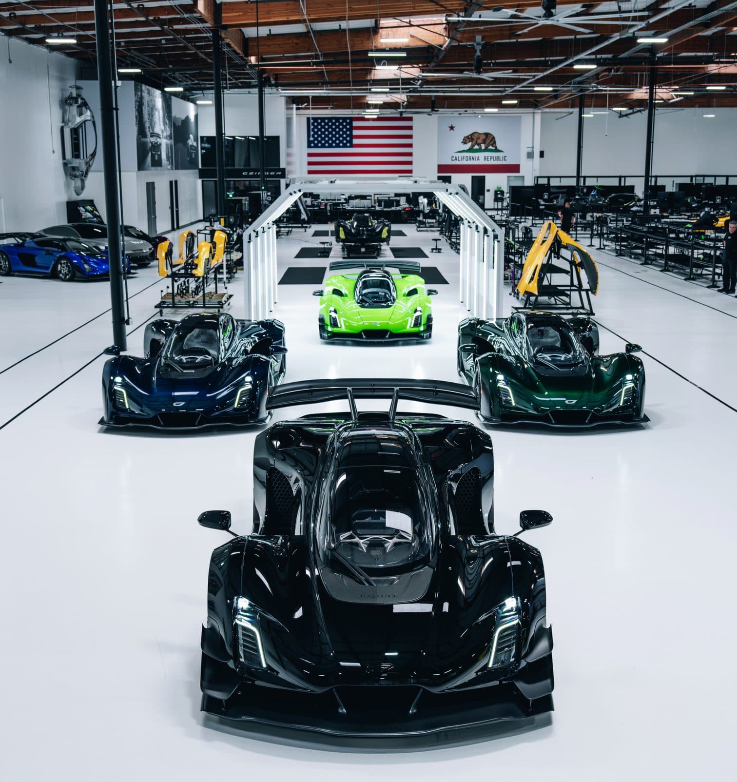 Czinger 21Cs lined up on the Area 21 assembly floor in Los Angeles