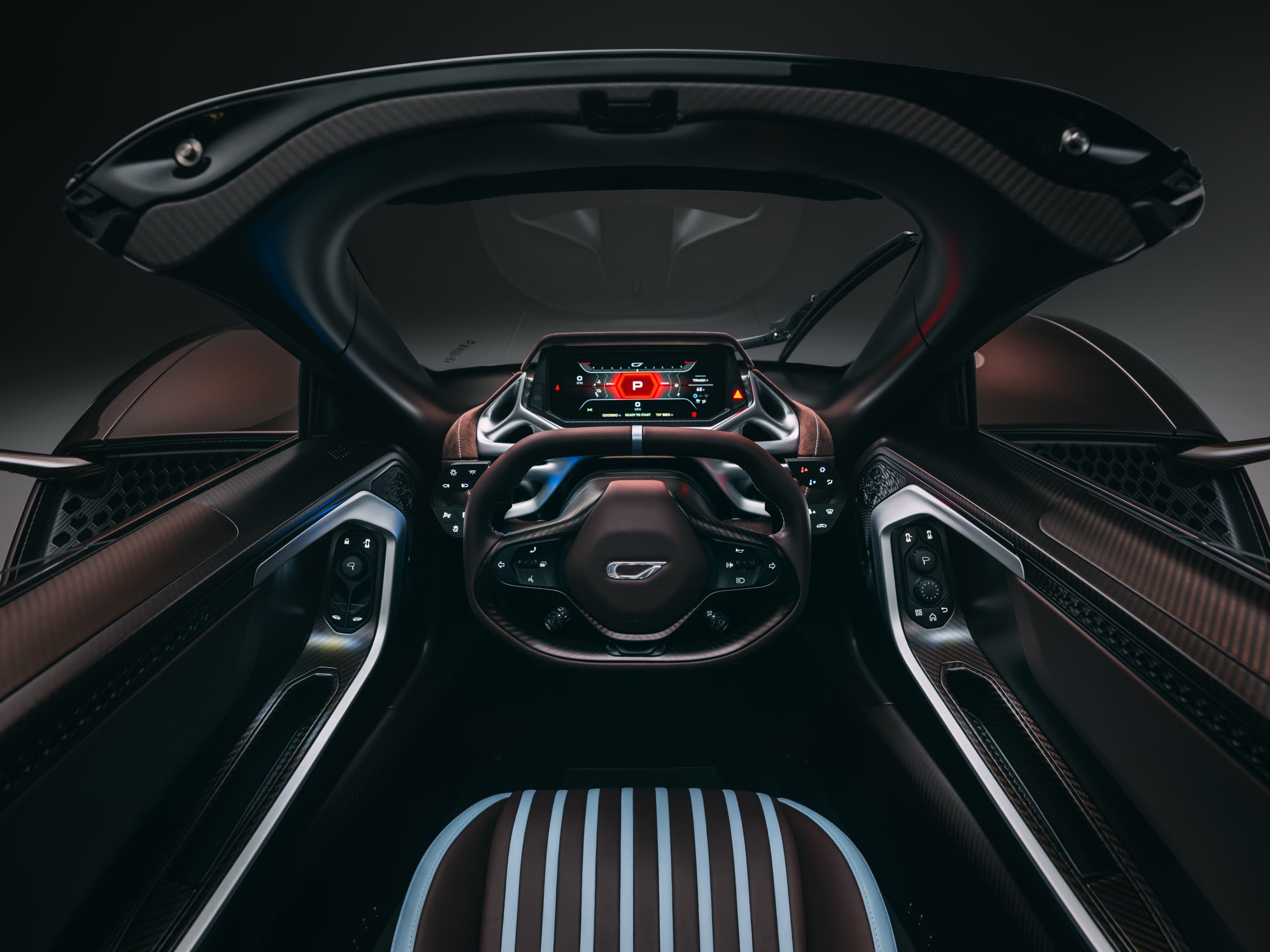 Driver's-eye view of the 21C cockpit and steering wheel
